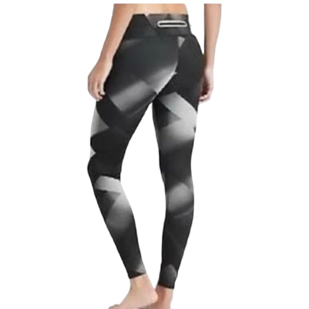 Athleta Leggings Womens XS Black Gray Geometric High Waist Zip Pocket Activewear